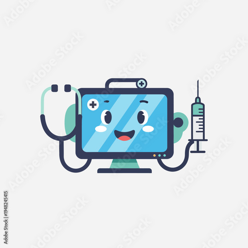 Cartoon Computer Monitor with Medical Accessories.
