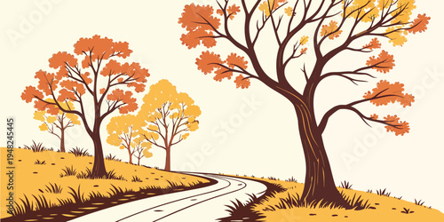a dirt road lined with trees in autumn colors Vector