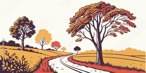 a winding road through a rural landscape with autumn trees Vector