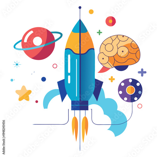Colorful Rocket Ship Launching into Space with Planets, Stars, and Celestial Bodies in a Vibrant Illustration on white background