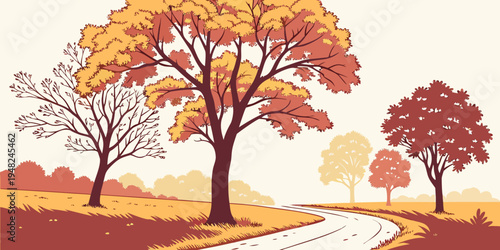 a serene autumn landscape with trees and a winding road Vector