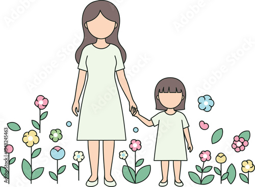A mother and daughter standing together in a colorful flower field on a sunny day with happiness and love