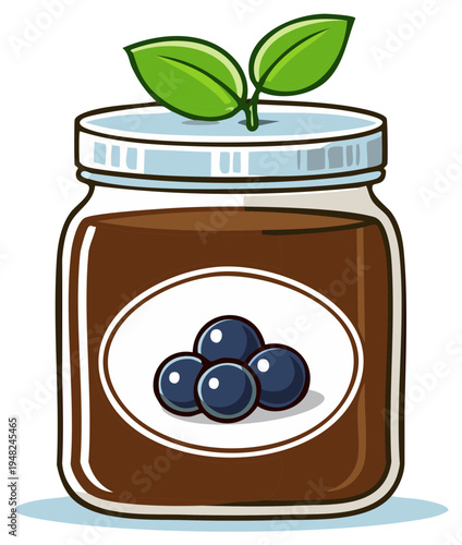 Cartoon illustration blueberry jam jar with sprout leaves on top
