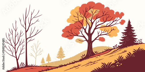 a colorful autumn landscape with trees on a hill Vector