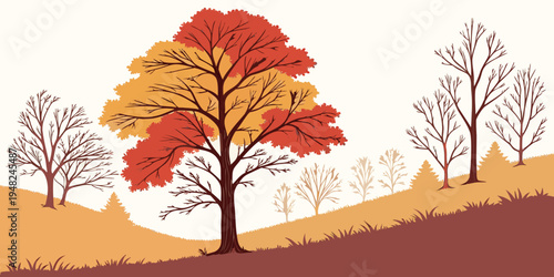 a colorful tree with red and yellow leaves on a hill Vector