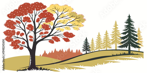 a tree with red and yellow leaves on a hill Vector