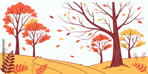 a colorful autumn landscape with trees and falling leaves Vector