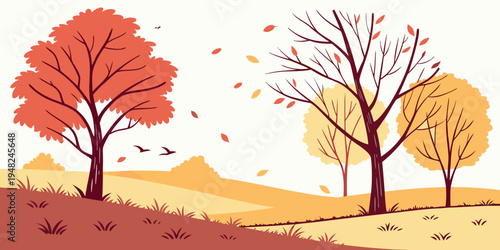 a colorful illustration of trees on a hillside during autumn Vector