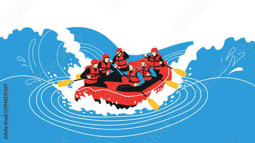 Group of people in red life jackets and helmets rowing a red inflatable raft through big blue waves in a river for adventure sports trips.