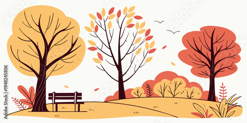a park scene with a bench and trees in autumn colors Vector