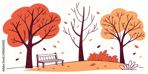 a park scene with a bench and trees in autumn Vector