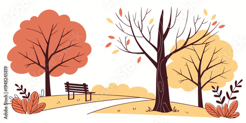 a park scene with trees and a bench in autumn Vector
