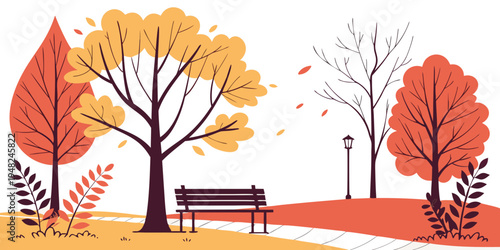 a park scene with a bench and trees in autumn colors Vector