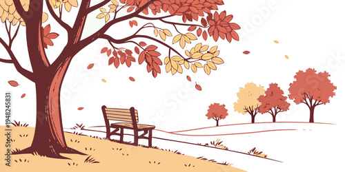 a park scene with a bench under a tree in autumn Vector