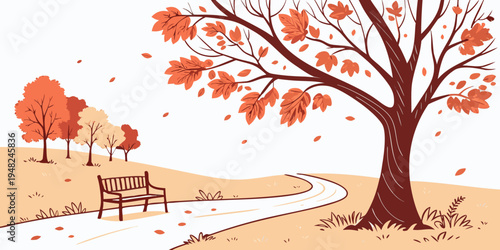 a tree with orange leaves stands beside a winding path Vector