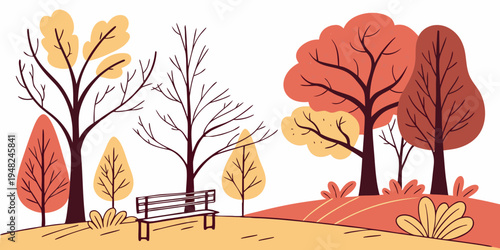 a park scene with trees and a bench in autumn Vector