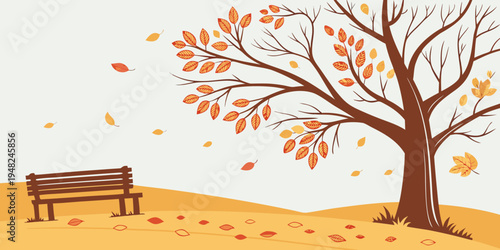 a tree with orange leaves and a bench on a hill Vector