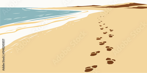 footprints in the sand on a beach leading to the ocean Vector