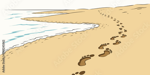 footprints in the sand near the ocean waves Vector