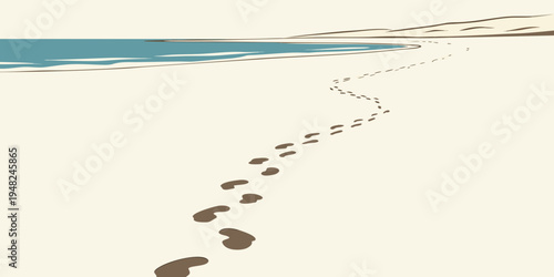 a trail of footprints in the sand leading to the ocean Vector