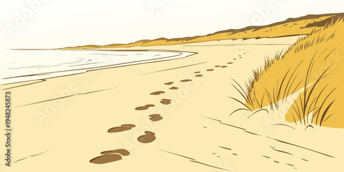 a sandy beach with footprints and grass Vector