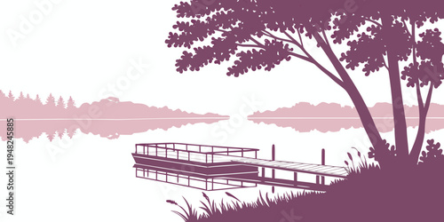 a dock and trees by a lake at sunset Vector