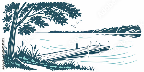 a dock on a lake with a tree in the background Vector