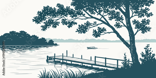 a tree stands by a dock on a serene lake Vector