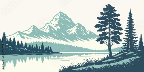 a serene lake scene with mountains and trees Vector