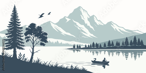 a serene lake scene with a boat and majestic mountains Vector