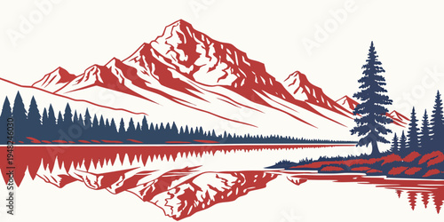 a mountain landscape with a lake and trees Vector