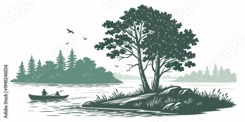 a tree on an island with a boat nearby Vector
