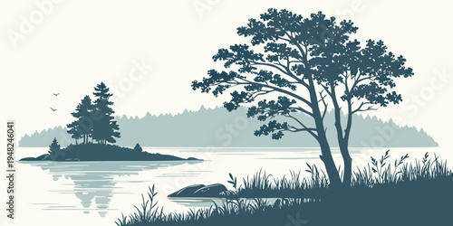 serene lake scene with trees and island Vector