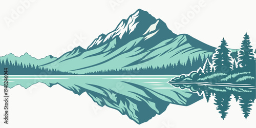 a mountain range with trees and a lake Vector