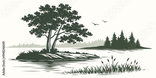 a tree on a small island in a body of water Vector