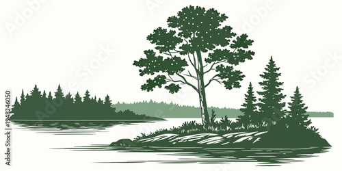 a small island with trees in the middle of a body of water Vector