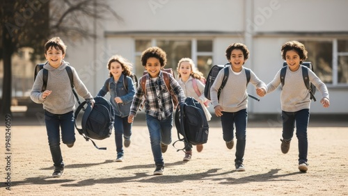 Six diverse elementary school students happily running outdoors with backpacks
