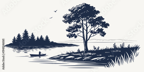 a serene landscape with a tree on a riverbank Vector