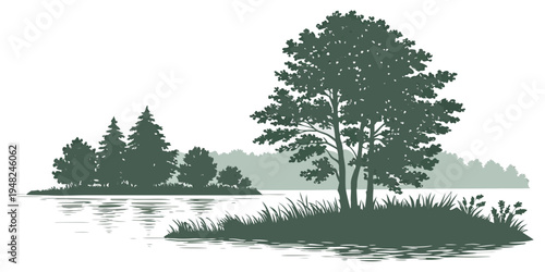 a small island with trees and grass on a body of water Vector