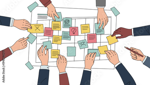 Top view of many diverse hands arranging colorful sticky notes and icons on a large planning board for creative project management tasks.