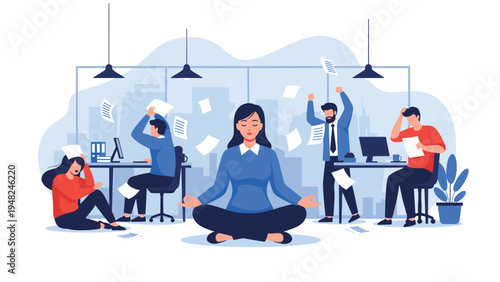 Calm woman sitting in a lotus position meditating amidst the chaos of a busy office with flying papers and stressed colleagues.