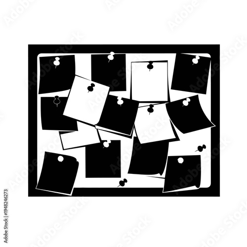 Bulletin Board with Pinned Notes in Black and White.