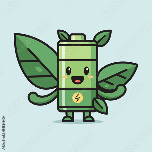 Cartoon Green Battery Character with Leaves.