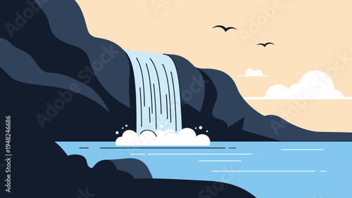 Flat design landscape featuring scenic blue waterfall flowing from dark cliffs into a calm lake with birds in the sky.