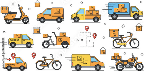 Delivery transportation icon set with scooter van truck bicycle and motorcycle carrying packages for courier logistics shipping service illustration