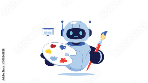 Friendly blue robot character holding wooden paint palette and brush while creating digital artwork in front of computer.