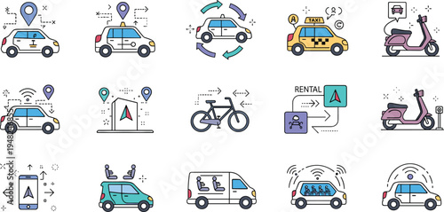 Smart transportation and mobility service icon set with taxi navigation car sharing scooter rental bicycle tracking and delivery van