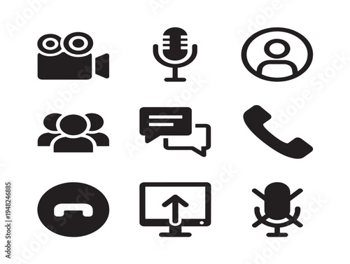 Modern video call icons with clear conferencing and virtual meeting silhouette designs