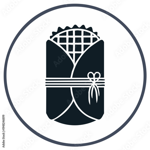 Minimalist wrapped food icon with bow detail and grill pattern inside a circular frame