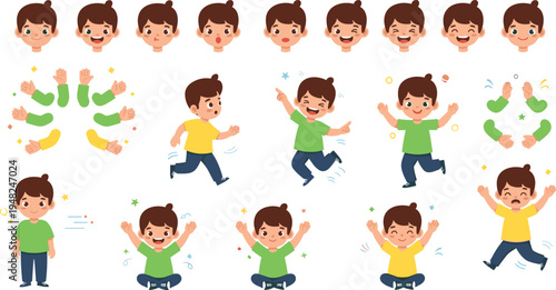 Cute little boy character expression and action set with happy jumping running clapping emotions cartoon kid illustration collection